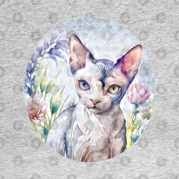 Sphynx cat with two color eyes in flowers by AnnArtshock